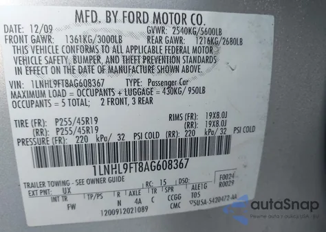 2010 Lincoln Mks Ecoboost z USA, uszkodzony, nr VIN 1LNHL9FT8AG608367